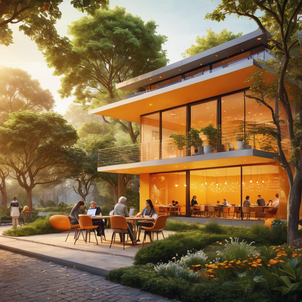 A futuristic scene depicting a digital network of instant money transfers flowing between diverse individuals in different settings, such as a café, home office, and park. Each character is engaged in joyful, personal connections while using their devices. Include visual connections in the form of glowing lines representing the loans, with a warm color palette that conveys trust and security. super-realistic. vibrant colors. 3D.