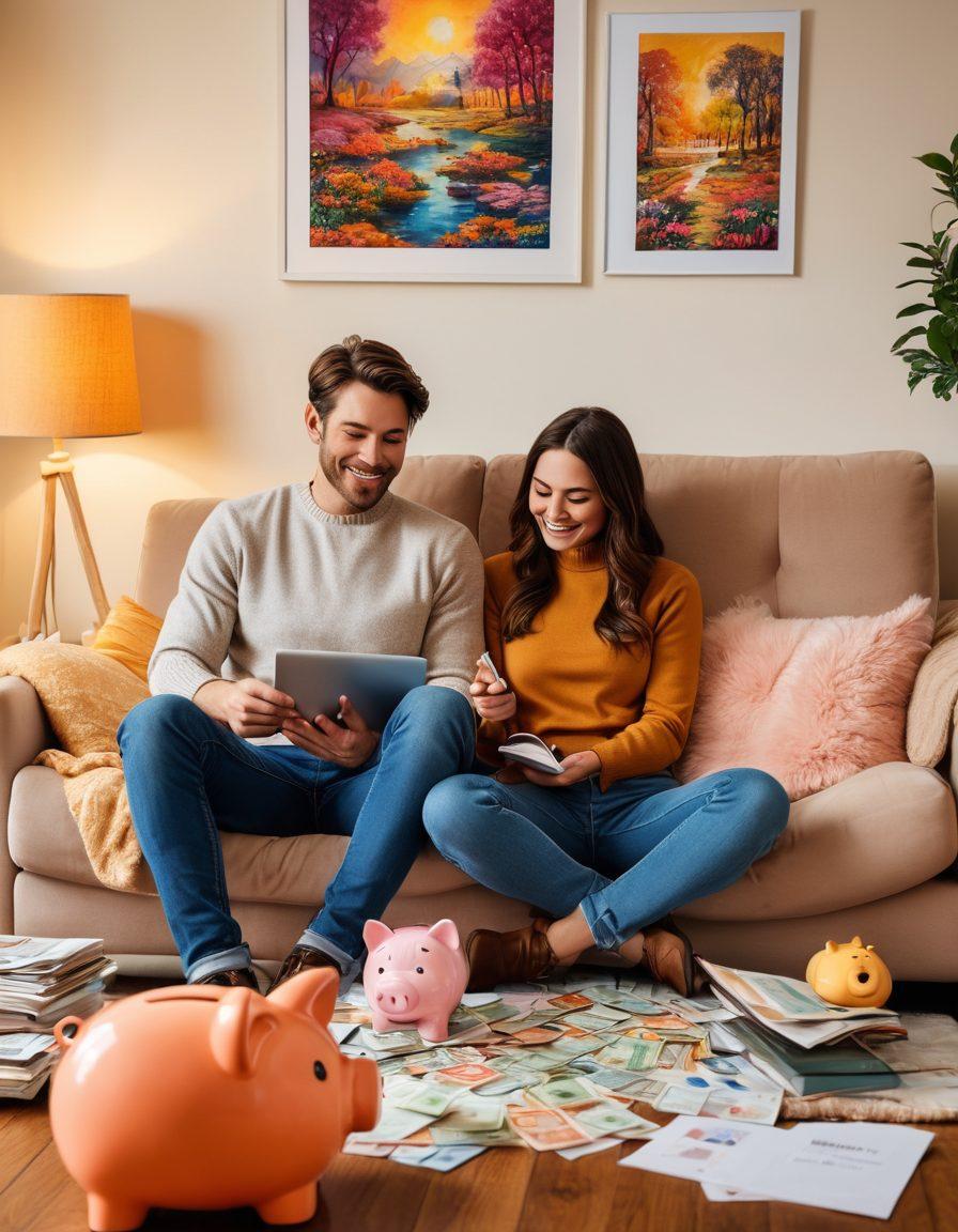 A cozy living room scene with a couple joyfully counting cash and sharing smiles, surrounded by various solutions like a piggy bank, a laptop, and a notepad with budget ideas. Warm lighting creates an inviting atmosphere, while hints of creativity are portrayed through a vision board on the wall depicting quick cash solutions. super-realistic. vibrant colors.